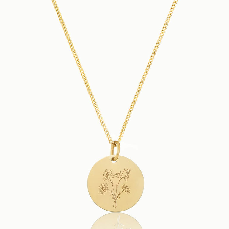 Halskette in Gold mit Geburtsblumen. Hochwertiger Schmuck mit Gravur von „Emma & Marie“. Das ideale Geschenk für Mütter.
