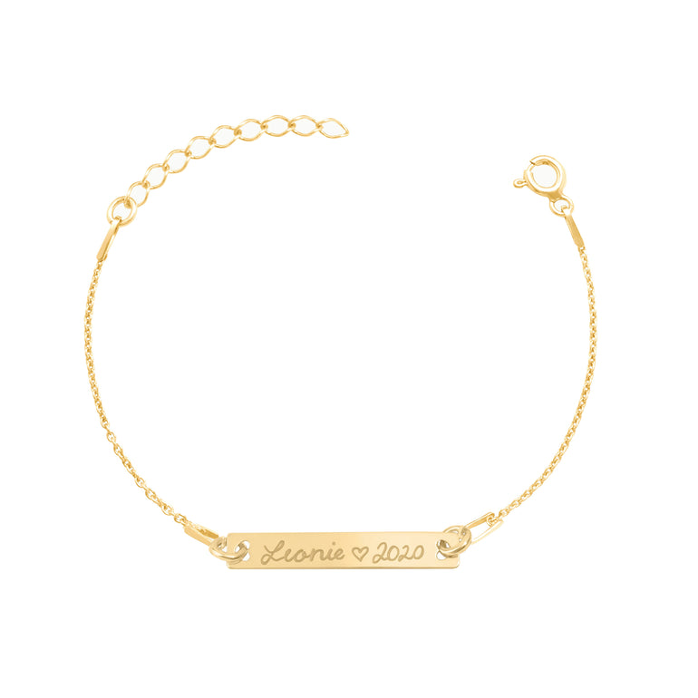 Armband für Babys in Gold mit Gravur. Personalisiertes Babyarmband, das perfekte Geschenk zur Geburt von „Emma und Marie“.