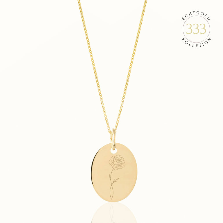 Personalisierte Halskette mit Geburtsblumen Gravur aus 333er Gelbgold | Emma & Marie Schmuck