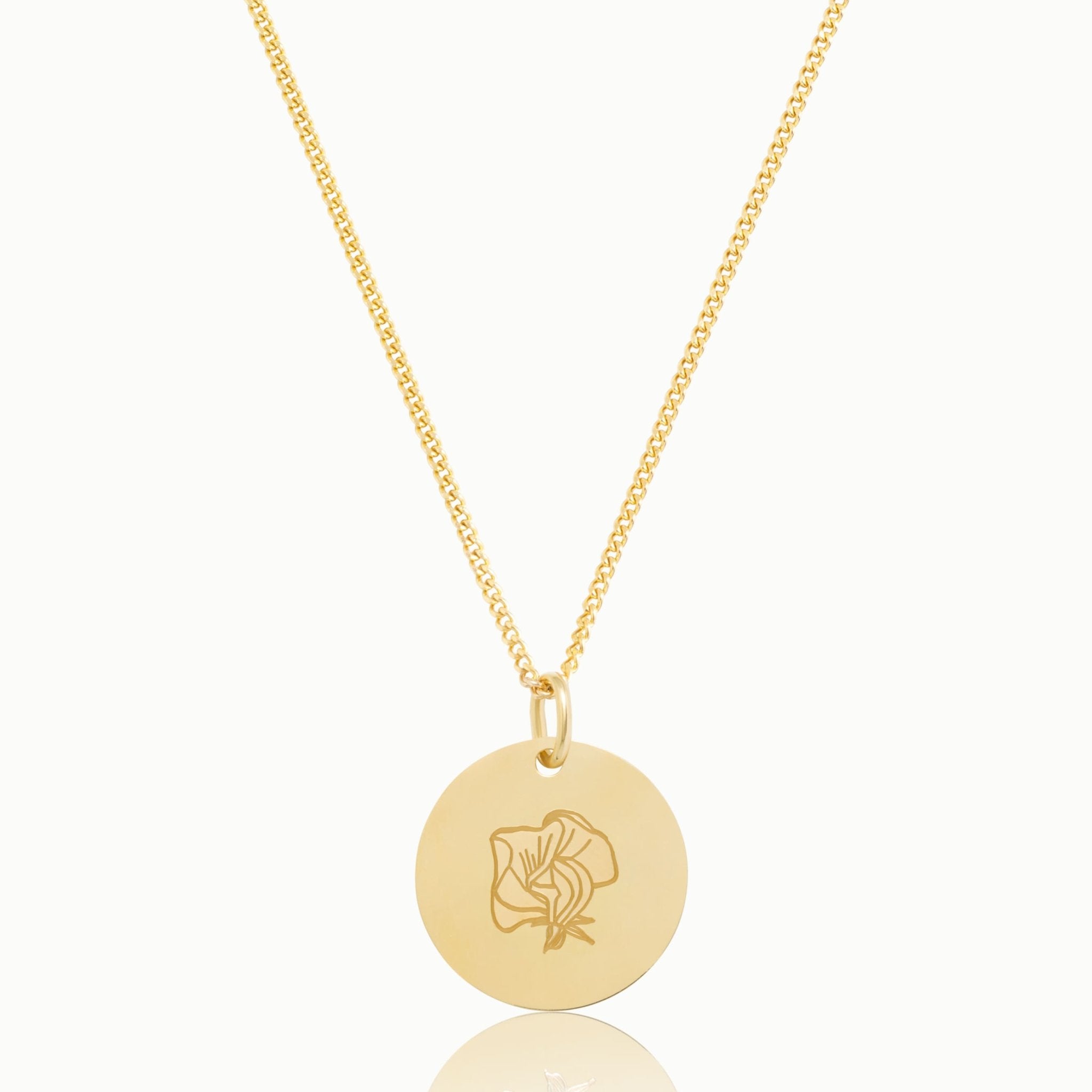 18kt vergoldete Classic Coin Halskette mit Geburtsblume. Die Kette hat einen runden Anhänger mit einer Geburtsblüte, einzigartiger Schmuck mit Bedeutung von „Emma & Marie“. 