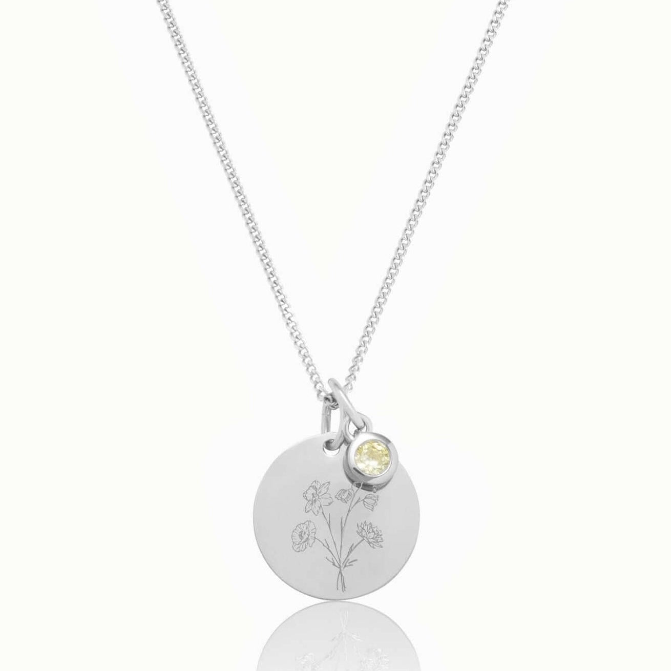Personalisierte Halskette in 925 Sterlingsilber mit Geburtsblumenstrauß, Gravur und Geburtsstein. Das perfekte Geschenk für Mütter von „Emma & Marie“