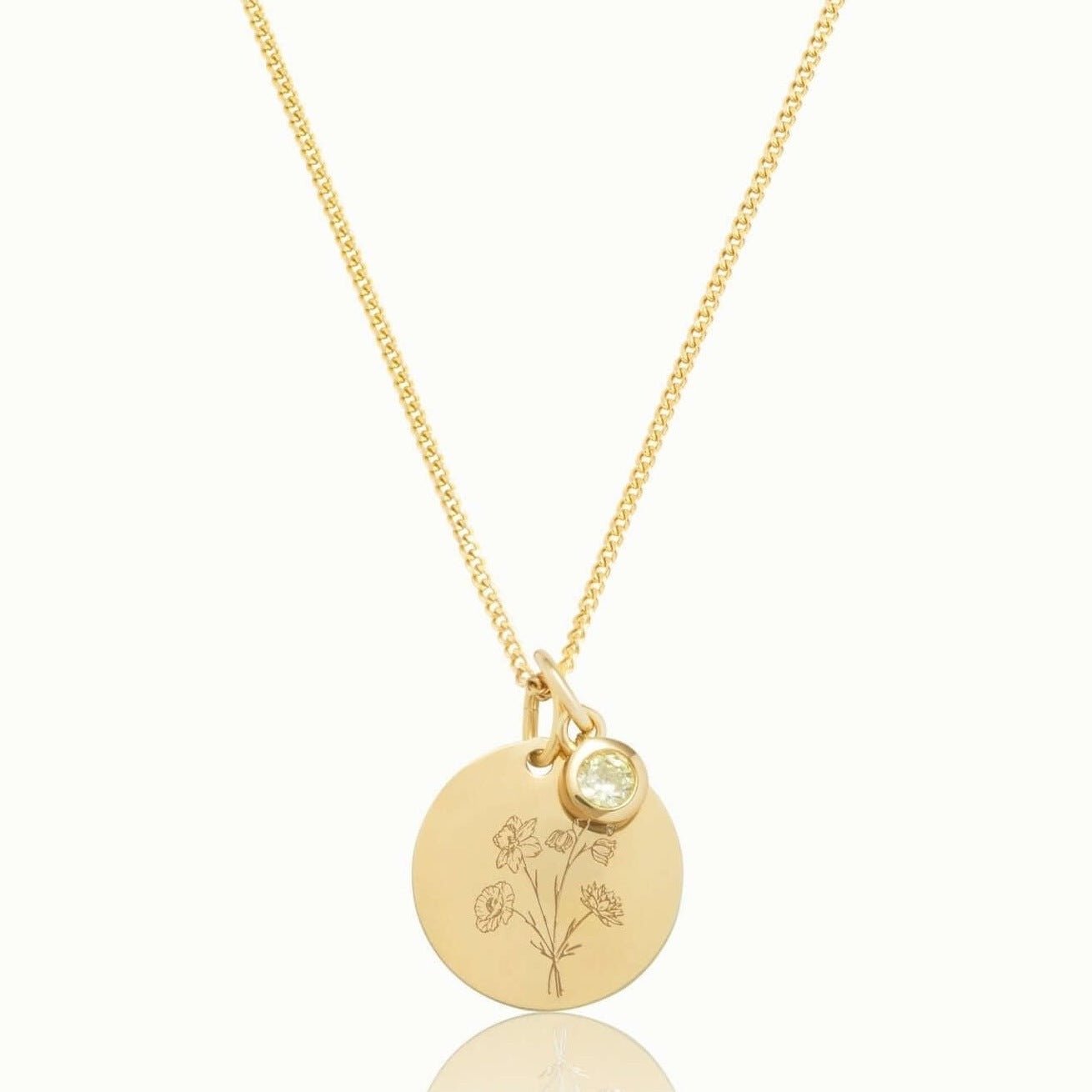 Personalisierte Halskette in Gold mit Geburtsblumenstrauß Gravur und Geburtsstein. Das perfekte Geschenk für Mütter von „Emma & Marie“